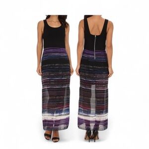 Vince Camuto Dress Sz XL Multicolor Chiffon Overlay Striped Maxi Side Slits